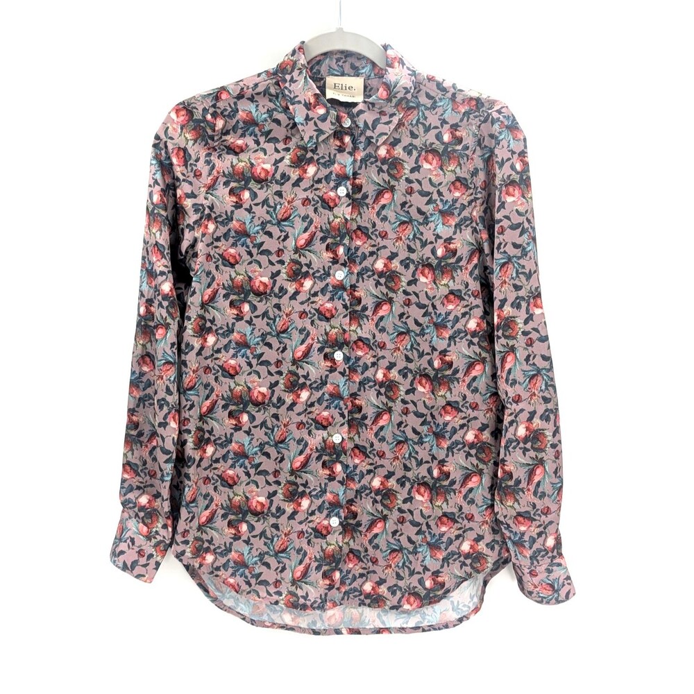 Elie Tahari Floral Satin Mauve Red Pink Button Up Long Sleeve Blouse Size Small